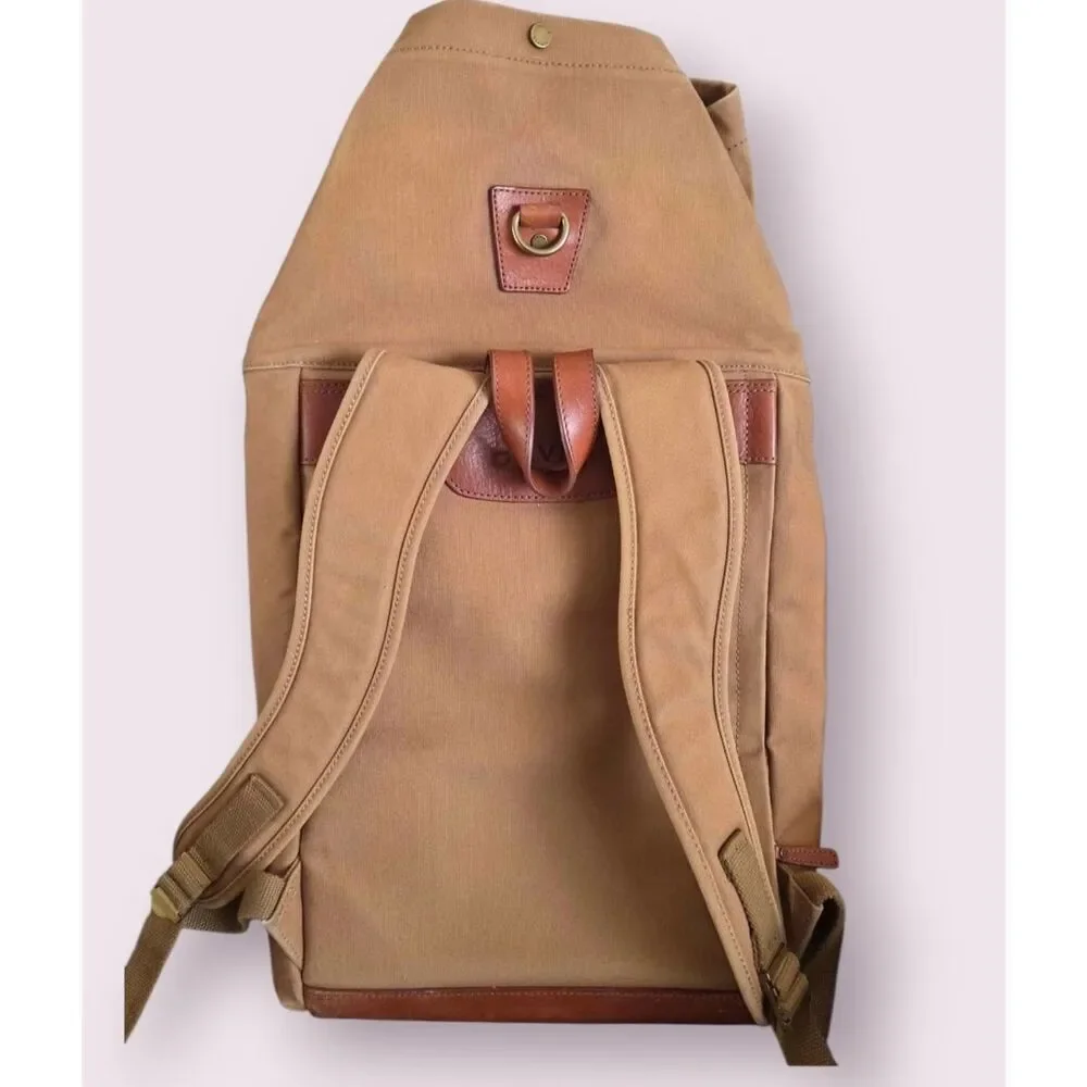 Orvis Canvas Roll Top Backpack Leather Trim Plaid Lining Tan Brown Heritage EUC